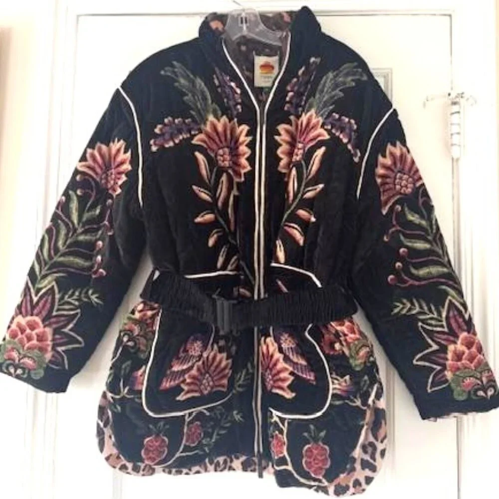 FARM Rio Black Marvelous Garden Puffer Jacket Exotic Tropical Leopard Print - Picture 6 of 16